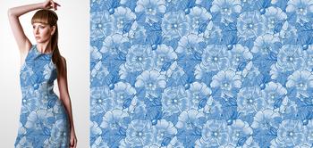 33182v Materiał ze wzorem kwiaty i liście w odcieniach niebieskiego